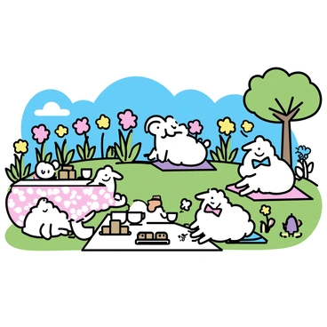 A vibrant garden filled with colorful flowers and green grass. In the center, a group of sheep is gathered, each wearing different bow ties in various patterns and colors. Some sheep are sitting on picnic blankets while elegantly sipping tea from small cups. A table is adorned with a floral tablecloth, displaying an assortment of pastries and teapots. The setting is cheerful, with a bright blue sky overhead and a few trees providing shade.
