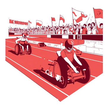 A red track is lined with white markings as several competitors in wheelchairs speed along it. Each racer is focused, showcasing their physical strength and determination. In the foreground, a competitor pushes hard against the wheels, wearing a streamlined racing suit. The other racers are close behind, each in unique wheelchairs designed for speed. In the background, a crowd of enthusiastic spectators is cheering, holding colorful banners and flags. The atmosphere is filled with energy as the competitors race toward the finish line.