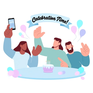 A group of three friends is gathered around a table, each holding their smartphones. One friend is raising their phone high in the air, showing a notification of a successful cashback transaction. The second friend is clapping their hands excitedly, while the third friend is leaning in with a smile, pointing at their own phone. Colorful balloons are scattered around the table, and a small cake with candles is placed in the center. "Celebration Time!" is written on a banner that hangs above them.