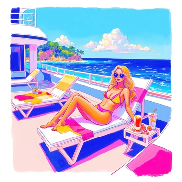 A celebrity with long flowing hair is lounging on a spacious, sunlit deck of a luxurious yacht. They are wearing stylish sunglasses and a fashionable swimsuit. Surrounding them are plush white lounge chairs adorned with colorful beach towels. The ocean is a vibrant blue, and gentle waves are visible in the background. In the distance, a small island with lush greenery can be seen. The sky is clear with a few fluffy clouds scattered above. A refreshing drink rests on a side table nearby, completing the relaxed atmosphere.