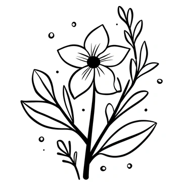 A detailed black-and-white illustration of a honeysuckle flower showing its anatomy. The flower is depicted with carefully labeled parts including the petals, stamens, and pistil. The leaves are arranged around the flower, showcasing their shape and texture. Fine lines detail the intricate patterns on the petals and the structure of the stamens. The background features subtle botanical elements, enhancing the focus on the honeysuckle flower.