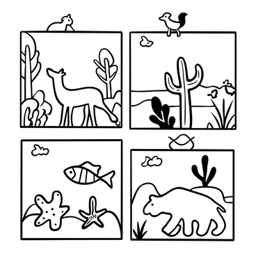 An illustration featuring multiple animals, each situated within distinct sections representing their habitats. In one section, a forest area showcases a deer standing among tall trees, with a squirrel perched on a branch above. In another section, a desert landscape displays a camel walking alongside a cactus. A third section presents an underwater scene with a fish swimming through seaweed and a starfish resting on the ocean floor. The final section depicts a snowy habitat with a polar bear walking on ice. Each animal is labeled with its name in quotation marks above it.
