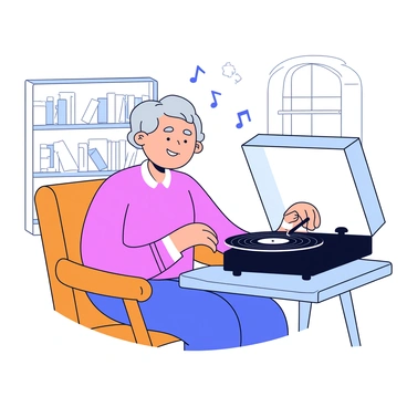An elderly woman listening to an old record player with nostalgic tunes