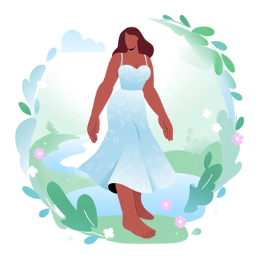 A model is wearing a dress made from recycled materials, showcasing a blend of textures and colors. The dress has a flowing silhouette and intricate patterns that reflect eco-conscious design. The model is standing in a lush green environment surrounded by trees and plants, with soft sunlight filtering through the leaves. Small flowers are scattered around the ground, adding vibrant touches to the scene. In the background, there is a calm stream visible, enhancing the sense of a natural setting. The overall composition highlights the harmony between fashion and nature.