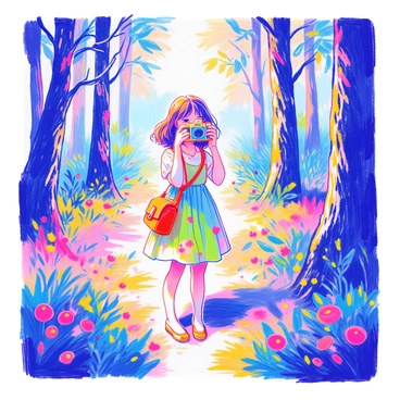 A girl with shoulder-length brown hair is standing in a sun-dappled forest. She is wearing a light green dress with floral patterns and has a small leather satchel slung over her shoulder. She is holding a vintage camera to her eye, carefully framing a shot. Sunlight filters through the leaves above, casting playful shadows on the ground. The forest is vibrant with green foliage and hints of colorful wildflowers peeking through the underbrush. In the background, tall trees stretch upward, their trunks thick and textured.