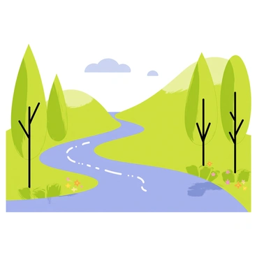 A winding river with clear blue water flows through a lush green valley. Tall green trees line both sides of the river, their leaves creating a dappled shadow over the ground. The trees are reflected in the water, creating a mirror-like effect as the river gently ripples. Soft clouds drift in a bright blue sky above, adding depth to the serene landscape. A few colorful flowers can be seen along the riverbank, enhancing the vibrant scenery.