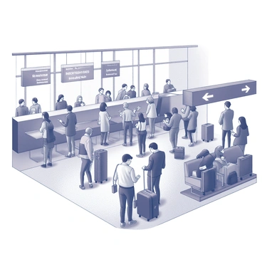 A busy airport terminal filled with passengers. Several people are standing in line at check-in counters, while others are sitting on benches checking their phones. Luggage trolleys are scattered throughout the area, some loaded with suitcases and bags. Signage hangs from the ceiling, pointing towards various departure gates. Travelers are wearing a variety of clothing styles, and some are interacting with one another, while others are engaged in their own activities, such as reading or eating. The atmosphere is dynamic, with a sense of movement and anticipation in the air.