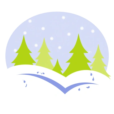 A snowy landscape featuring layers of fresh white snow covering the ground and blanketing the branches of tall, evergreen trees. The scene includes a clear blue sky in the background. Small snowflakes are gently falling from the sky, adding to the winter atmosphere. In the foreground, there are snowdrifts forming soft mounds, and a few animal tracks can be seen leading through the snow.