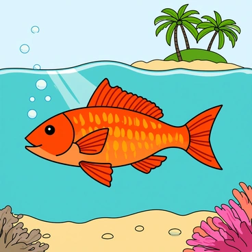 A vibrant redfish with shimmering scales is swimming gracefully through crystal-clear turquoise waters. The fish has distinct fins that fan out elegantly as it glides. Surrounding the fish, small bubbles rise to the surface, creating a sense of movement. In the background, a lush tropical island is visible with palm trees swaying gently in the light breeze. The sandy bottom is dotted with colorful corals and small pebbles, providing a lively underwater scene. Sunlight filters through the water, casting dappled patterns on the fish and the ocean floor.