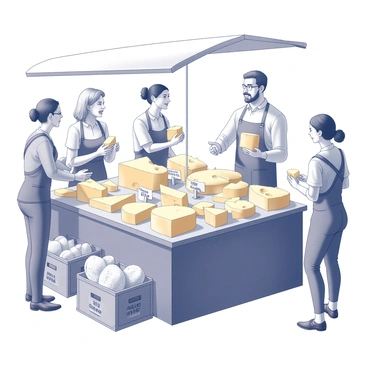 A market stall filled with various types of cheese arranged attractively. The cheeses are displayed in different shapes and sizes, with labels indicating their names. Several customers are interacting with the stall owner, who is serving cheese samples. The customers exhibit expressions of enjoyment and curiosity as they discuss the cheese selections. There are baskets and crates nearby filled with other food items. Sunlight casts shadows, creating a lively atmosphere around the stall.