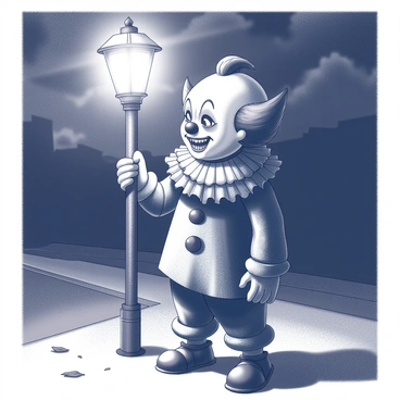 A sinister clown standing under a flickering street lamp
