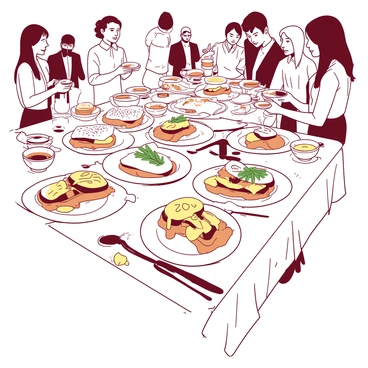 A white table is set up for a tasting event featuring various styles of "croque monsieur" sandwiches. Each sandwich is arranged neatly on elegant white plates, showcasing different ingredients and toppings. Some sandwiches are topped with "melted cheese," while others feature "crispy bacon" or "fresh herbs." Small bowls of condiments like mustard and aioli are placed alongside the sandwiches for guests to sample. In the background, guests are mingling and chatting, with a few holding plates as they discuss the flavors. The atmosphere is lively and inviting.