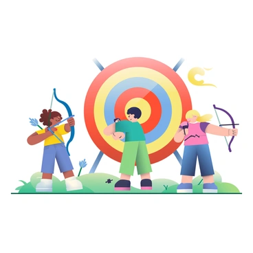 A group of three kids is practicing with toy bows and arrows in a grassy field. The first child, a girl with curly brown hair, is pulling back her bright blue bow, her eyes focused on the target. The second child, a boy with short black hair, is aiming his green bow, a determined expression on his face. The third child, a girl with straight blonde hair tied in a ponytail, is ready with her purple bow, looking excited. In the background, there is a large, cartoonish bullseye target prominently displayed, featuring vibrant colors of red, yellow, and blue. A few arrows are scattered on the ground nearby, and the sun casts soft shadows on the grass.