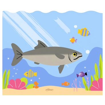 A piranha with a sleek body and sharp teeth is swimming near vibrant coral in clear blue water. Surrounding the piranha are various colorful tropical fish, including yellow and blue striped fish, small orange fish, and a few shimmering purple fish, all gracefully maneuvering through the water. Sunlight filters down, creating dappled light patterns on the sandy bottom, enhancing the lively underwater scene.