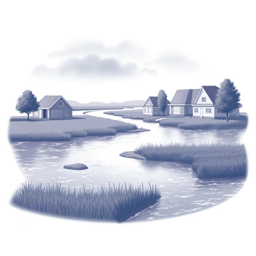 A river that has overflowed its banks, affecting nearby fields and homes