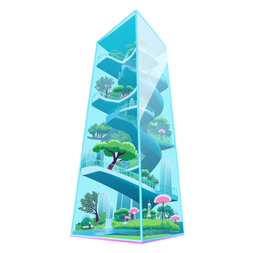 A tall, transparent glass tower stands prominently against a clear blue sky. The tower's walls are gleaming and reflective, showcasing the vibrant greenery within. Inside the tower, there is a lush green park filled with various plants, trees, and flowers. Sunlight filters through the glass, illuminating the park and creating a vibrant atmosphere. Pathways wind through the park, inviting visitors to explore the space. Benches are placed strategically under the trees, offering shaded spots for relaxation amidst the urban environment.