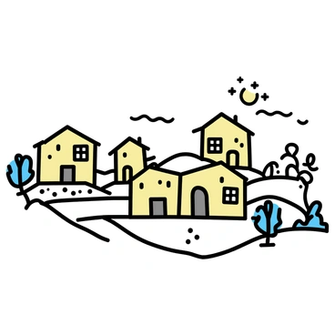 A cluster of traditional stone homes nestled among the hills of Bethlehem. The houses feature rugged stone walls with wooden doors and windows. Olive trees and patches of greenery surround the homes, creating a natural landscape. The hills are gently sloping, with a clear sky overhead, casting soft shadows on the structures. Each home has a distinct shape and size, adding to the charm of the hillside community.