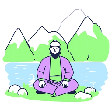 Genghis Khan is sitting in a cross-legged position by a mountain lake. He is wearing traditional Mongolian clothing, which includes a long robe and a fur hat. His eyes are closed, and a calm expression is on his face, indicating deep concentration. Surrounding him are tall mountains with sharp peaks and lush greenery. The lake reflects the mountainous landscape, creating a tranquil mirror effect. Small ripples in the water suggest a gentle breeze. In the foreground, there are smooth stones and patches of grass, enhancing the peaceful atmosphere of the scene.