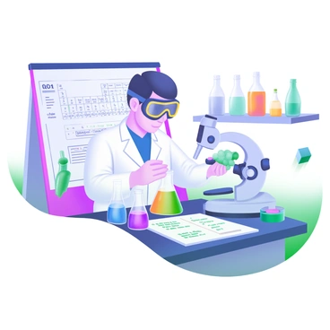 A modern pastel illustration depicting a chemist in a laboratory. The chemist is wearing a white lab coat and safety goggles, intently mixing colorful solutions in glass beakers. There are several beakers filled with vibrant liquids on the table, including shades of blue, green, and yellow. In the background, a shelf holds various chemical bottles and a periodic table is displayed on the wall. A microscope sits nearby, and a notepad with notes and calculations is visible on the table.