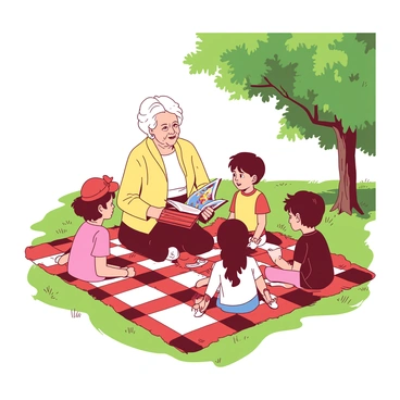 An elderly lady reading a storybook to children in a park on a sunny day