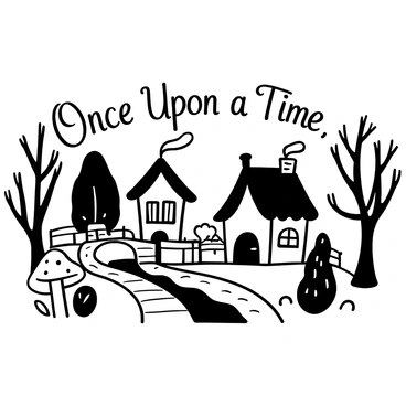 A quaint village scene with a cobblestone pathway winding through the center. Small, charming cottages with thatched roofs and smoke rising from their chimneys line the path. Whimsical elements include a large mushroom, an oversized flower, and a small wooden bridge crossing over a gentle stream. A series of trees with intricate branches surround the village, providing a natural frame. "Once Upon a Time" is inscribed in decorative lettering at the top of the illustration.