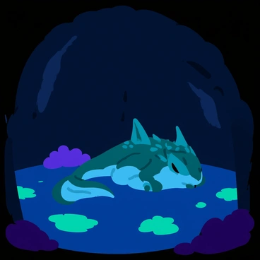A large, mythical creature with shimmering scales and intricate patterns rests inside a shadowy cave. The cave walls are rugged and dark, creating a stark contrast to the vibrant, glowing bioluminescent algae that illuminate the surroundings in shades of blue and green. The creature's eyes are closed, and it appears peaceful, with its long, flowing fins gently draped across the rocky ground. Patches of glowing algae cluster around the creature, casting a soft light that highlights its majestic form. The cave ceiling is arched, with small crevices allowing faint beams of light to filter in, adding depth to the scene.