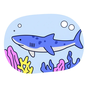 An illustration of a shark swimming in a vibrant underwater scene. The shark has a sleek body with shades of blue and gray, featuring distinctive patterns of spots and stripes that help it blend into the surrounding water. The background includes colorful coral reef formations, with various marine plants swaying gently. Bubbles rise around the shark as it moves gracefully through the water, demonstrating its natural camouflage in the ocean environment.