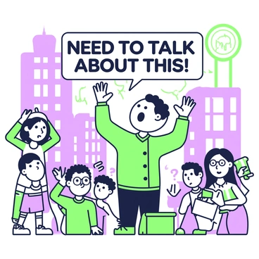 A vibrant editorial cartoon features a bustling city street scene. In the center, an exaggerated character with an oversized head and expressive eyes stands on a soapbox, passionately speaking. Their body language conveys urgency and determination. Surrounding this character are several smaller figures with exaggerated features, including a man scratching his head in confusion and a woman with wide-open eyes, listening intently. Above the crowd, a bold caption reads, "Need to Talk About This!" in a prominent font. The background shows tall buildings and a clear sky, emphasizing the urban setting and the importance of the social issue being addressed.