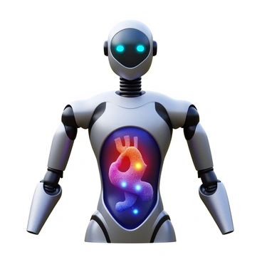 A futuristic robot with a sleek, metallic body. The robot has transparent skin that reveals intricate artificial blood vessels inside. The blood vessels are illuminated in vibrant colors, showcasing a network of pulsing lights. The robot's head features a humanoid shape with glowing eyes. Its limbs are articulated with jointed segments, displaying advanced technology.