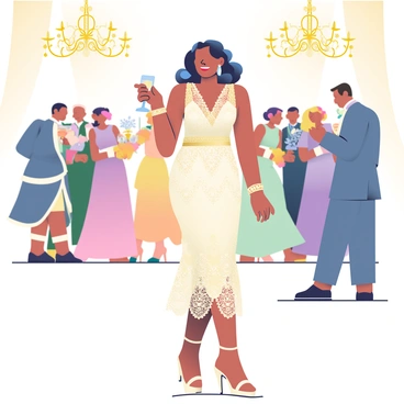 An elegant lady with fair skin and dark wavy hair is standing at a glamorous soiree. She is wearing a vintage 1920s dress made of intricate lace and adorned with beading, in soft shades of cream and gold. Her accessories include a pair of pearl earrings and a delicate bracelet. In the background, there are softly lit chandeliers casting a warm glow and guests dressed in formal attire mingling. The atmosphere is filled with elegant decorations, including floral centerpieces and rich drapery. The lady is holding a glass of sparkling champagne, and she is smiling as she engages in conversation.