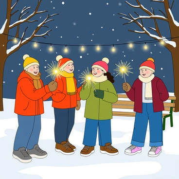 A group of friends celebrating New Year's in a snowy park with sparklers