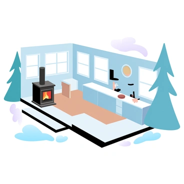 A detailed floor plan of a tiny cabin in the woods is displayed. The cabin features a compact living area with a wood-burning stove placed in one corner. The layout includes a small kitchen area adjacent to the living space, with a counter and a few cabinets. A cozy sleeping nook is situated at the back of the cabin, equipped with a small bed. Several large windows are depicted, allowing ample natural light to fill the interior. Surrounding the cabin are tall trees, indicating its forested location.