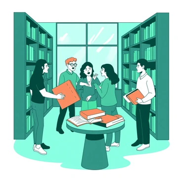 A teal library interior filled with shelves of books reaching up to the ceiling. Several people are engaged in animated conversations while standing by the shelves. One person with glasses is handing a large orange book to another person who appears excited. In the background, a group of three people is gathered around a small wooden table filled with more orange and teal books, discussing enthusiastically. The ambient light filters through tall windows, illuminating the scene.