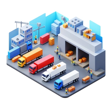 A scene depicting multiple trucks in an urban dock environment. Various trucks are positioned strategically as they load and unload cargo. The trucks have different colors and sizes, showcasing a mix of delivery vehicles. The dock area features shipping containers stacked nearby and a loading ramp leading to a warehouse. There are workers in safety vests actively moving boxes and equipment around. Cranes can be seen in the background, lifting containers onto trucks. The surroundings include urban buildings and a clear blue sky overhead.