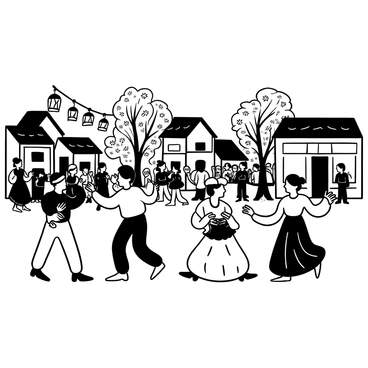 A group of people wearing "vibrant hanboks" is dancing joyfully in a traditional Korean village square. The scene includes men and women in various hanbok designs, showcasing detailed patterns and flowing fabrics. Surrounding them are traditional Korean houses with tiled roofs, and lanterns hanging from the eaves. A crowd of onlookers is gathered around, observing the dancers. In the background, there are trees and banners that add to the festive atmosphere.