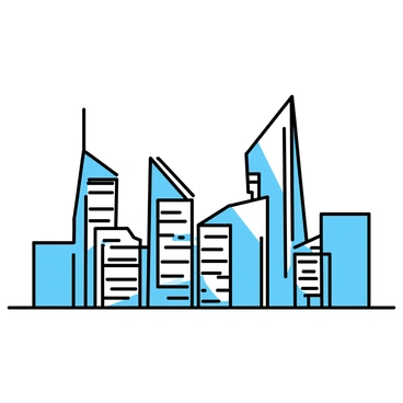 A sleek, futuristic cityscape featuring a series of tall, modern buildings with glass facades. The skyline is filled with structures of varying heights, showcasing innovative architectural designs. Each building has sharp angles and smooth lines, reflecting light in a striking manner. There are minimalistic, framed borders around the cityscape, enhancing the overall composition. The scene is devoid of people or vehicles, emphasizing the structure and design of the buildings.