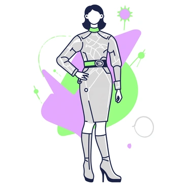 A model is wearing a futuristic outfit inspired by the 1960s and space exploration. The outfit features a fitted silver dress with geometric patterns and metallic accents that catch the light. The sleeves are structured and extend slightly, creating a unique silhouette. The model is accessorized with a shiny belt that cinches at the waist, enhancing the overall shape. She wears knee-high silver boots with a sleek design, and her hairstyle is a modern take on a classic 1960s look, featuring sharp angles. In the background, hints of a space-themed environment are subtly integrated, emphasizing the theme of exploration.