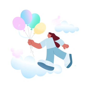 A flat-faced character is floating in the sky, holding a bunch of colorful balloons in one hand. The balloons display a variety of bright, pastel colors including pink, blue, yellow, and green. Surrounding the character are fluffy clouds that appear soft and billowy, creating a whimsical atmosphere. The overall scene captures a sense of lightness and joy as the character ascends among the clouds.
