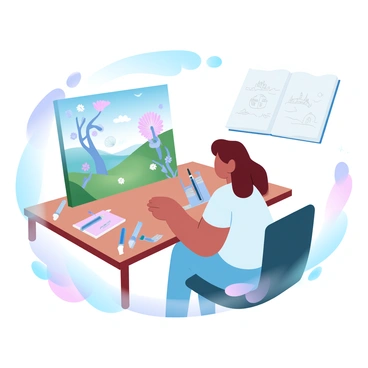 An illustrator is seated at a wooden table cluttered with art supplies, including colored pencils and paintbrushes. The illustrator is focused on a large canvas, where a book cover is taking shape. The cover features a vibrant landscape with rolling hills and peculiar trees that have swirling branches. In the foreground, a small, playful creature with exaggerated features is interacting with oversized flowers. Surrounding the scene, faint outlines of fantastical elements hint at the story's adventures, such as a distant castle and floating islands in the sky. A nearby open sketchbook displays rough drafts of the illustrations, showcasing different ideas for the cover.