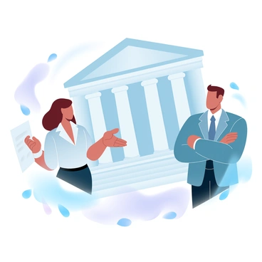 Two lawyers in professional attire are standing outside a courthouse, engaged in a heated discussion. One lawyer, a woman with shoulder-length dark hair, is gesturing emphatically with one hand while holding a legal document in the other. The second lawyer, a man with short brown hair, is leaning slightly forward with his arms crossed, his expression serious. The grand facade of the courthouse, with tall columns and steps leading up to the entrance, looms in the background. A few scattered leaves are on the ground, hinting at an autumn day. A subtle balance of light and shadow creates a dynamic atmosphere around the scene.