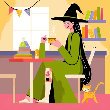 A witch with a deep green dress and a pointed black hat is sitting at a small round table in a cozy, magical café. She has long, flowing black hair with strands of silver. In her hands, she holds a steaming cup of coffee decorated with swirling patterns of cream. The café features wooden shelves filled with glowing potions and spell books. Colorful banners hang from the ceiling, and a friendly cat with bright yellow eyes paces nearby. Soft, warm light fills the room, creating an inviting atmosphere.
