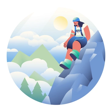 A woman with tanned skin and long, dark hair is climbing a steep mountain peak. She is wearing bright blue climbing gear, including a helmet and harness. Her expression is focused as she navigates the rocky surface of the mountain. Below her, thick white clouds swirl, partially obscuring the valley beneath. A few patches of green trees are faintly visible through the clouds. The sky above is a soft gradient of blues and whites, suggesting high altitude. The sun is shining through the clouds, casting gentle light on the scene.