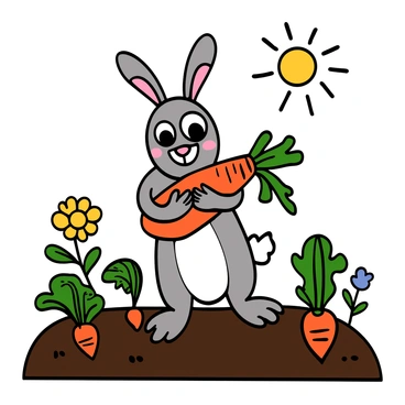 A hare with light gray fur and big eyes is joyfully holding a large, freshly pulled orange carrot in its front paws. The hare is standing on its hind legs, smiling with excitement. Surrounding the hare is a vibrant garden filled with green leafy plants, colorful flowers, and a few more carrots peeking out from the soil. Sunlight is shining down, illuminating the scene and highlighting the hare's fluffy tail.