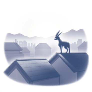 A village shrouded in mist, with thatched-roof houses partially obscured by the dense fog. The rooftops are visible with a soft outline against the fading light of sunset. In the foreground, "Greninja" is perched on a rooftop, its sleek body poised attentively. The setting sun casts a gradient of light through the mist, creating a mysterious atmosphere. The shapes of distant hills can be seen just beyond the village, adding depth to the scene.