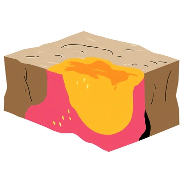 A vibrant depiction of molten magma with bright orange and red hues flowing beneath a textured surface representing the Earth's crust. The magma has a glowing, fluid appearance as it moves through the cracks and crevices of the crust, which is illustrated in earthy tones of brown and gray. Small flickers of light can be seen emanating from the magma, highlighting its intense heat. The overall scene conveys a sense of dynamic movement and energy beneath the surface of the Earth.