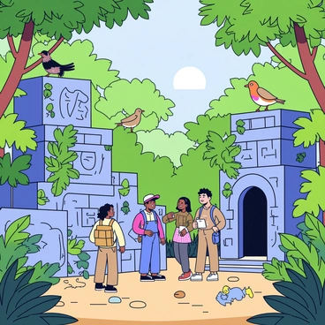 A dense jungle filled with lush green foliage and towering trees. Sunlight filters through the leaves, creating dappled patterns on the forest floor. In the center of the scene, a group of explorers with backpacks and khaki clothing are gathered around ancient stone ruins partially overgrown with vines and moss. The ruins feature weathered stone walls and intricately carved patterns. The explorers are examining the symbols on the stones, with expressions of curiosity and excitement. Birds can be seen perched on branches above, while small animals scurry in the underbrush.