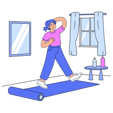 A person performing standing side crunches in a bright and tidy home environment. The individual is dressed in comfortable athletic wear, showcasing a focused expression. They are standing upright and bending to one side while raising their opposite arm above their head. A wall-mounted mirror reflects their form, allowing them to track their progress. Nearby, a yoga mat is rolled out on the floor, and there is a water bottle resting on a small table within reach. Natural light streams in through a window, illuminating the space.