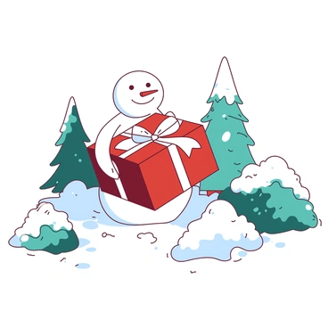 A white snowman with a carrot nose is standing in a snowy garden. The snowman is holding a large red gift box adorned with a big white bow in both hands. Surrounding the snowman are piles of fresh snow, with small snow-covered bushes and a few frosted pine trees in the background. The scene is brightened by soft, diffused winter sunlight illuminating the snow, creating a magical atmosphere.