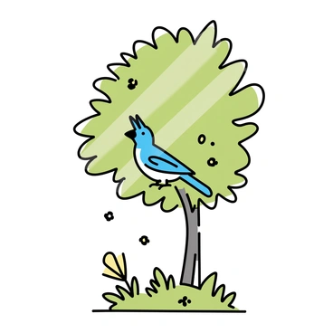 A blue jay perched on a low branch of a tree in a woodland setting. The tree has dense green leaves, allowing dappled sunlight to filter through, creating patterns of light and shadow on the forest floor. The blue jay is vibrant, showcasing its blue and white feathers, with a distinctive crest on its head. Surrounding the area are various shades of green foliage and small wildflowers scattered across the ground.