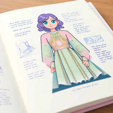 A close-up of a single page from an illustration portfolio is displayed prominently. The page features a character with vibrant purple hair styled in loose waves. The character's eyes are large and expressive, colored in a striking teal. She is wearing an ornate dress adorned with delicate embroidery in shades of gold and silver. Surrounding her are various sketches and notes in fine print, showcasing the character's backstory and attributes. The background of the page is a soft cream color, highlighting the intricate details of the character illustration.